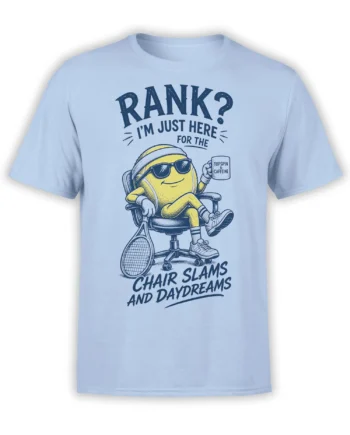 Light blue tennis T-shirt with yellow character, racket, coffee mug, and chair slams daydreams text