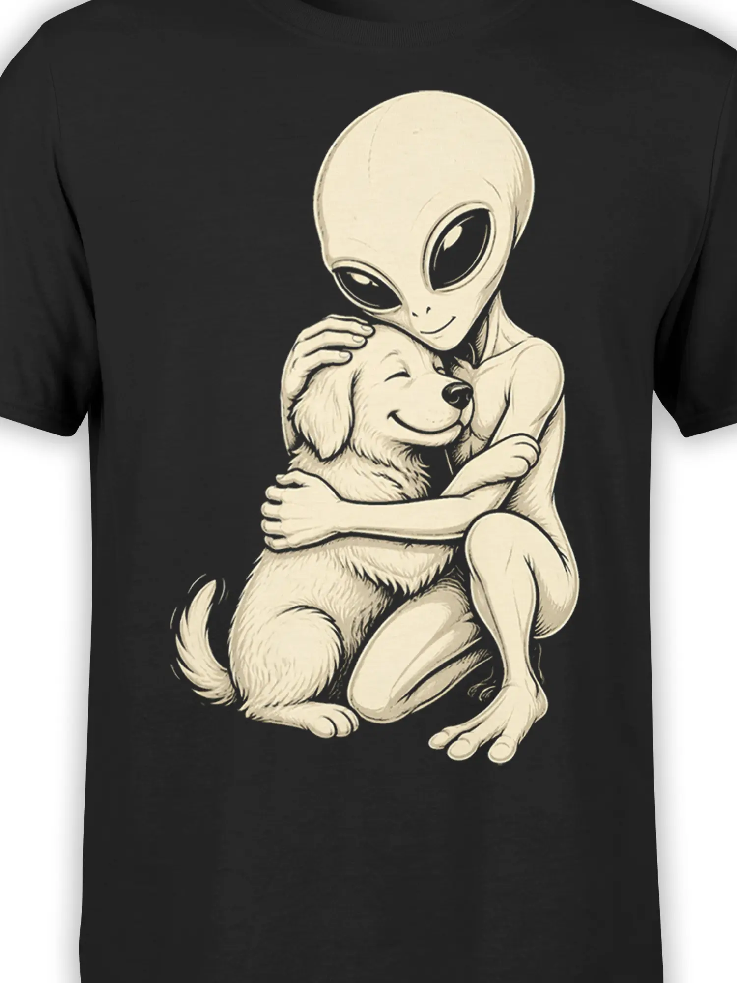 Close-up of cream alien and dog friendship artwork printed on a black graphic T-shirt