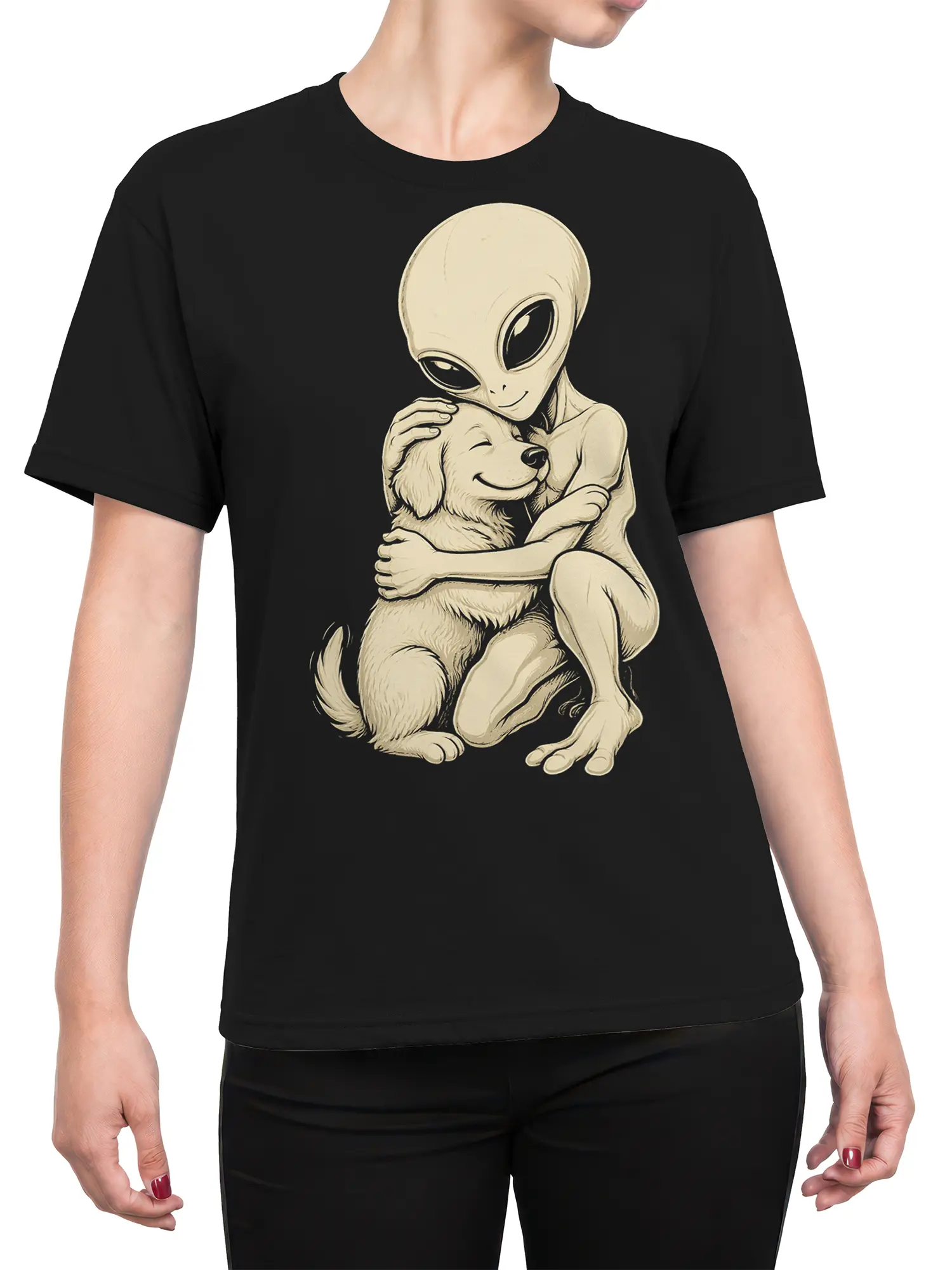 Female torso wearing a black T-shirt with an alien hugging a happy dog in cream artwork