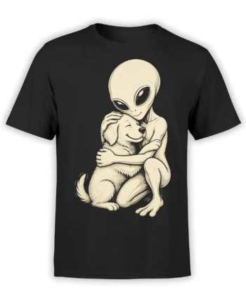 Black T-shirt with cream artwork of a gentle alien hugging a smiling fluffy dog