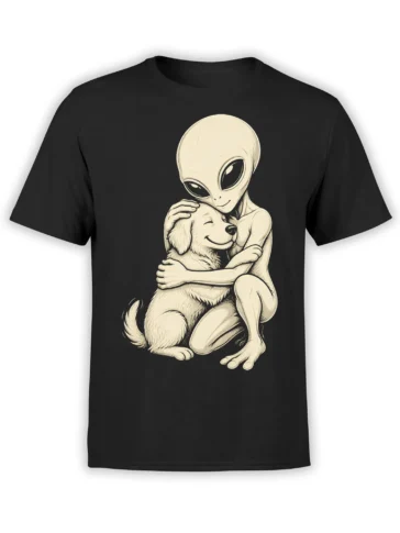 Black T-shirt with cream artwork of a gentle alien hugging a smiling fluffy dog