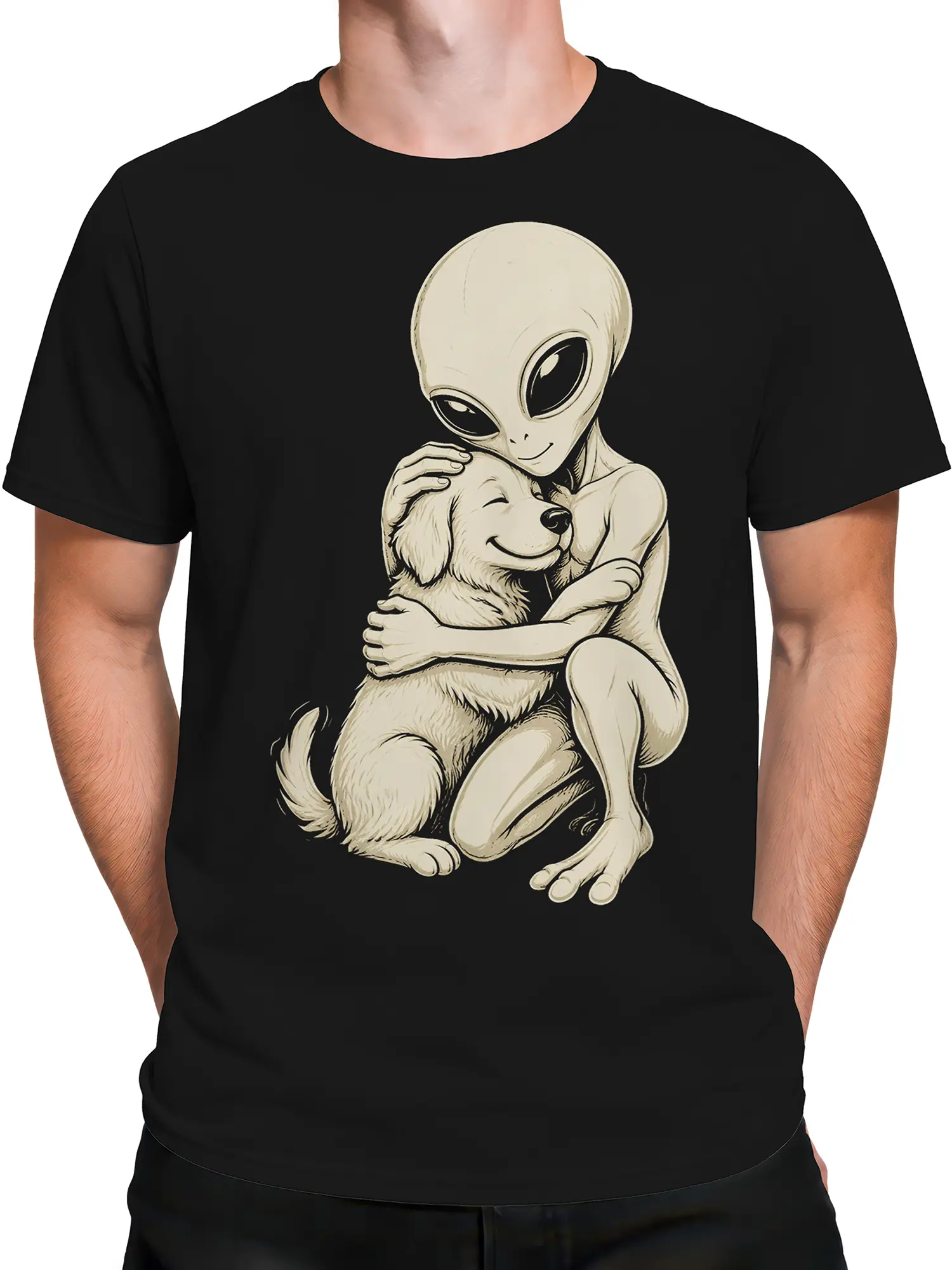 Male torso wearing a black T-shirt with cream alien and dog friendship artwork