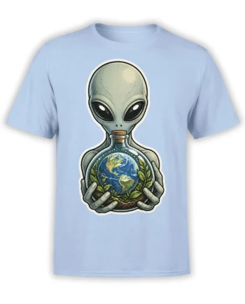 Light blue alien t-shirt with a green-gray alien holding Earth in a corked glass vessel with leafy plants