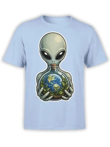 Light blue alien t-shirt with a green-gray alien holding Earth in a corked glass vessel with leafy plants