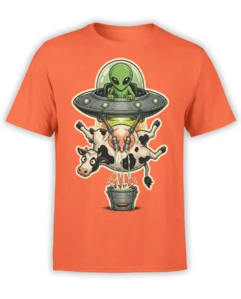 Orange alien T-shirt featuring a green alien collecting milk from a floating black-and-white cow