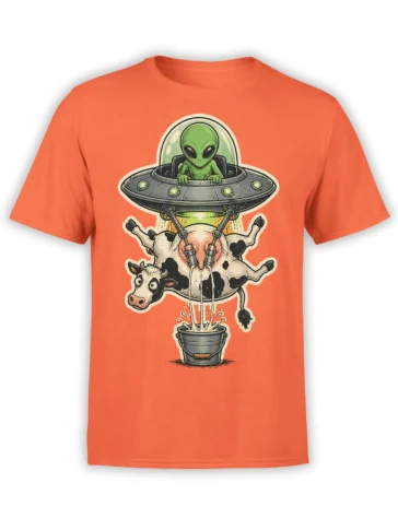 Orange alien T-shirt featuring a green alien collecting milk from a floating black-and-white cow