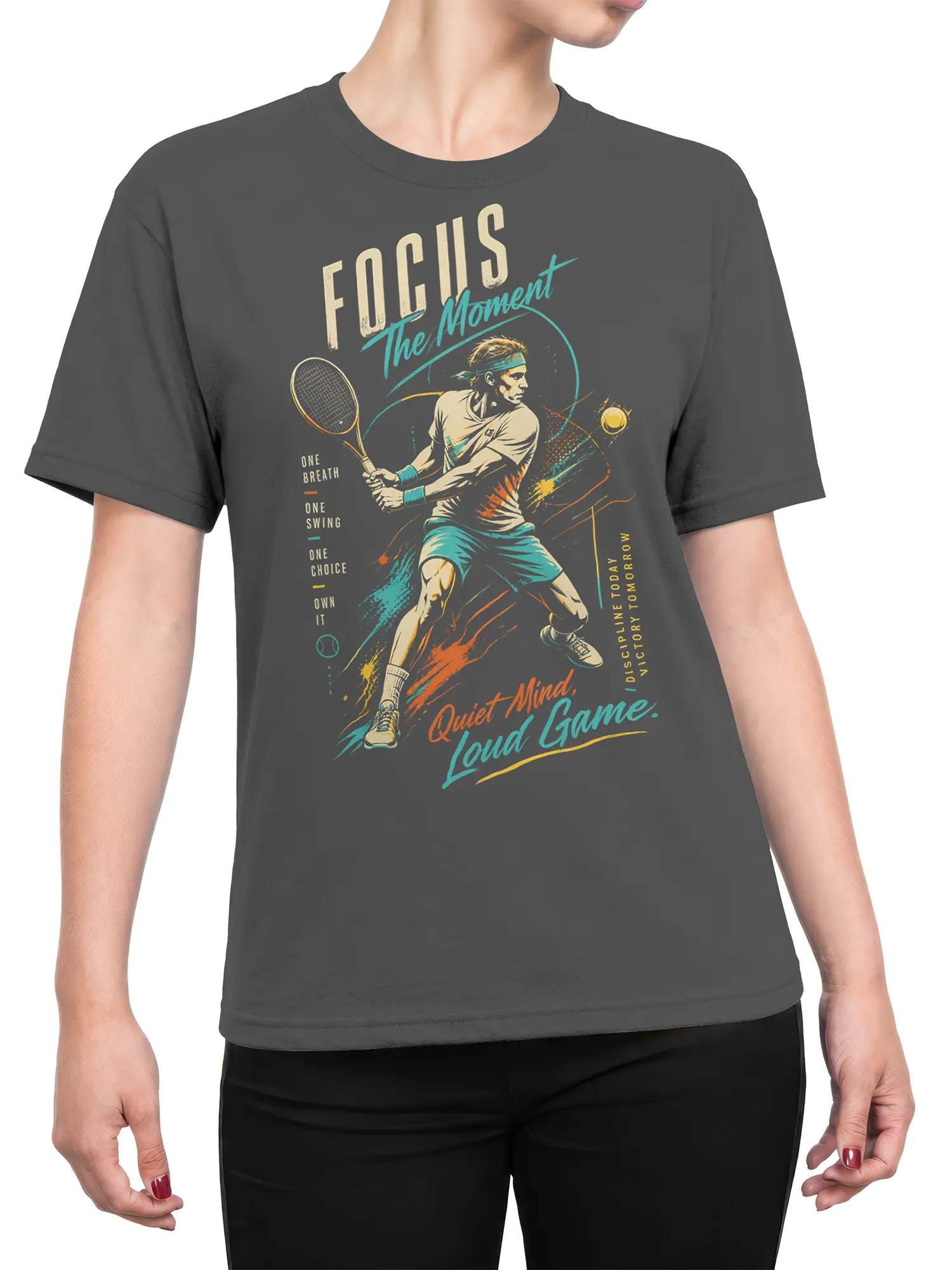Female torso wearing a gray tennis T-shirt with a vintage player graphic and colorful focus lettering