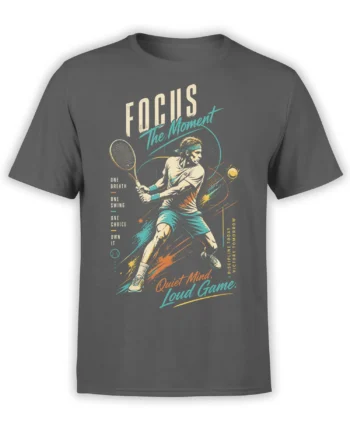 Gray tennis T-shirt with vintage player, racket, ball, and colorful “Focus The Moment” lettering