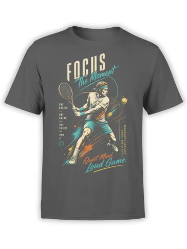 Gray tennis T-shirt with vintage player, racket, ball, and colorful “Focus The Moment” lettering