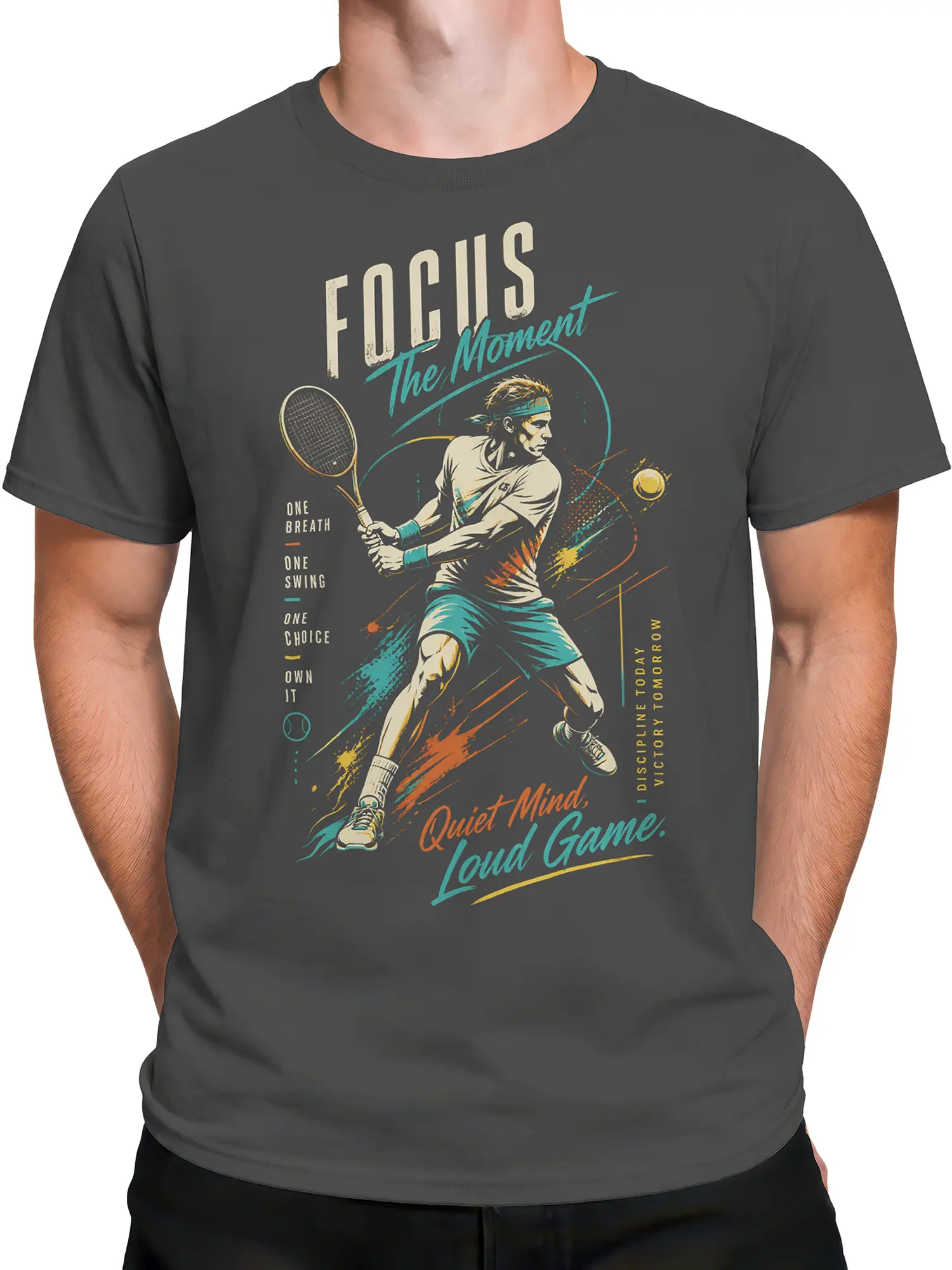 Male torso wearing a gray tennis T-shirt with swinging player, racket, ball, and motivational graphic