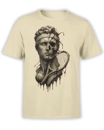 Beige tennis T-shirt with split classical statue and skull holding a racket and ball