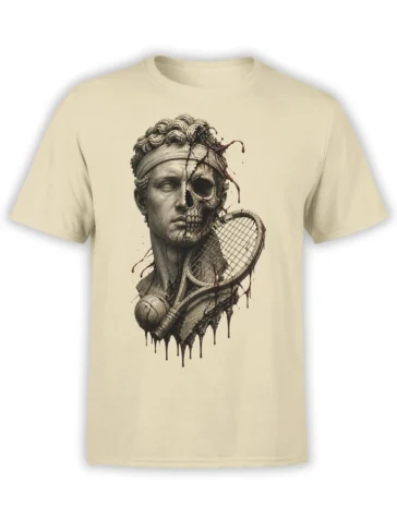 Beige tennis T-shirt with split classical statue and skull holding a racket and ball