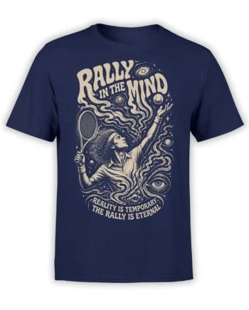 Surreal woman tennis player with racket and cosmic rally artwork printed on a navy T-shirt