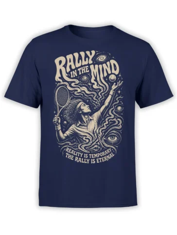 Surreal woman tennis player with racket and cosmic rally artwork printed on a navy T-shirt