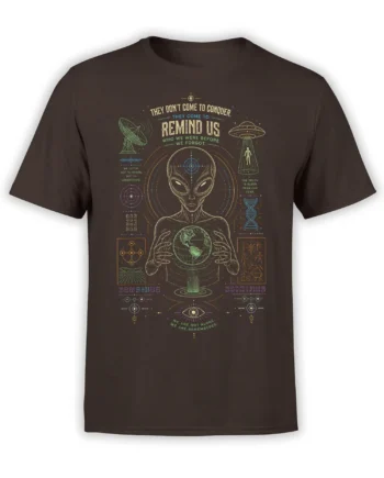 Brown alien T-shirt with an extraterrestrial holding a glowing globe and surrounded by vintage cosmic symbols