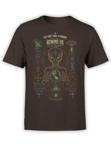 Brown alien T-shirt with an extraterrestrial holding a glowing globe and surrounded by vintage cosmic symbols