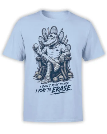 Light blue crocodile tennis T-shirt showing a seated player, rackets, balls, skulls, and an erase slogan