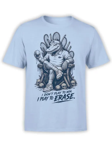 Light blue crocodile tennis T-shirt showing a seated player, rackets, balls, skulls, and an erase slogan