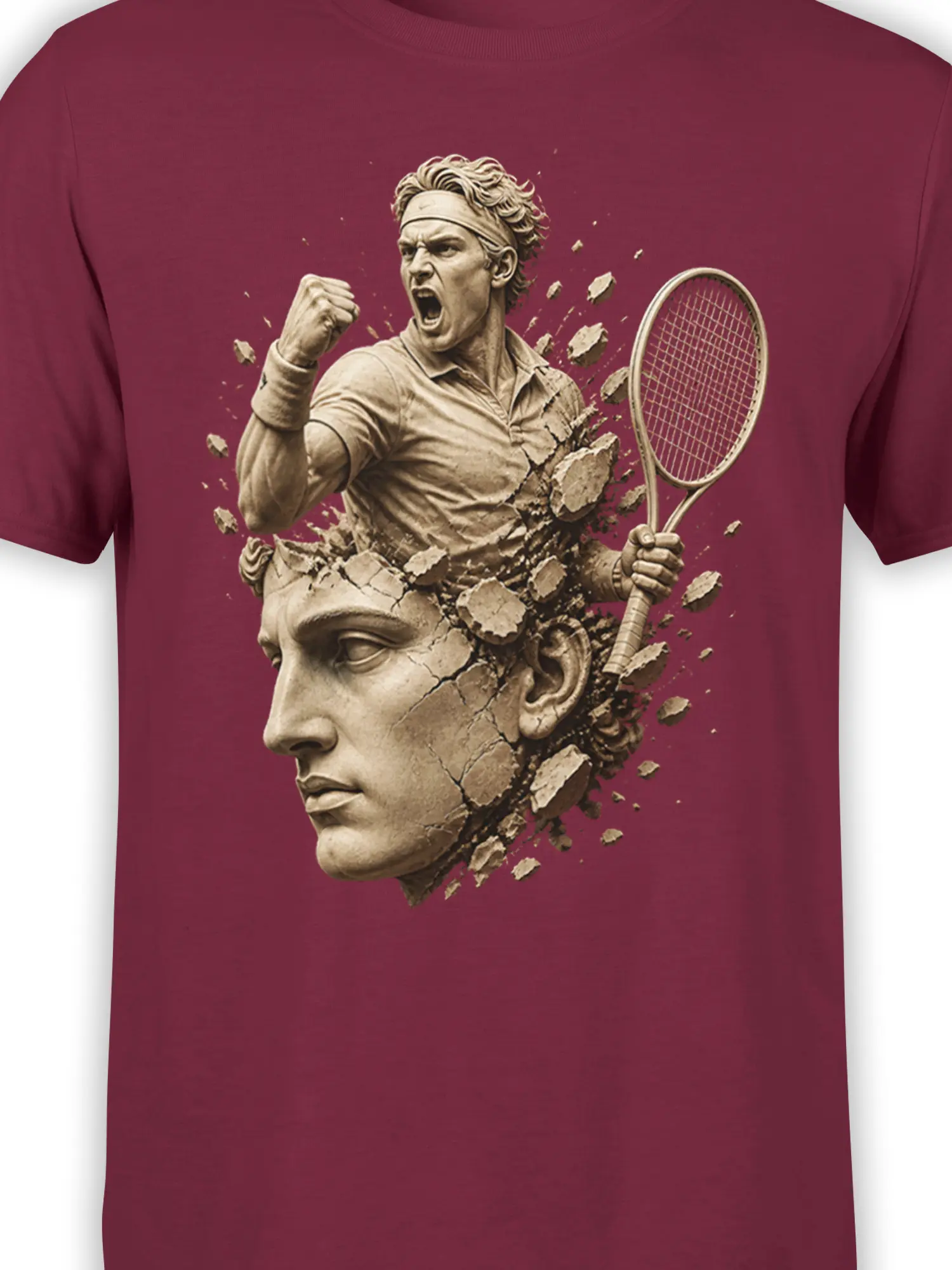 Close-up of tennis player, racket, raised fist, and broken stone details on burgundy fabric