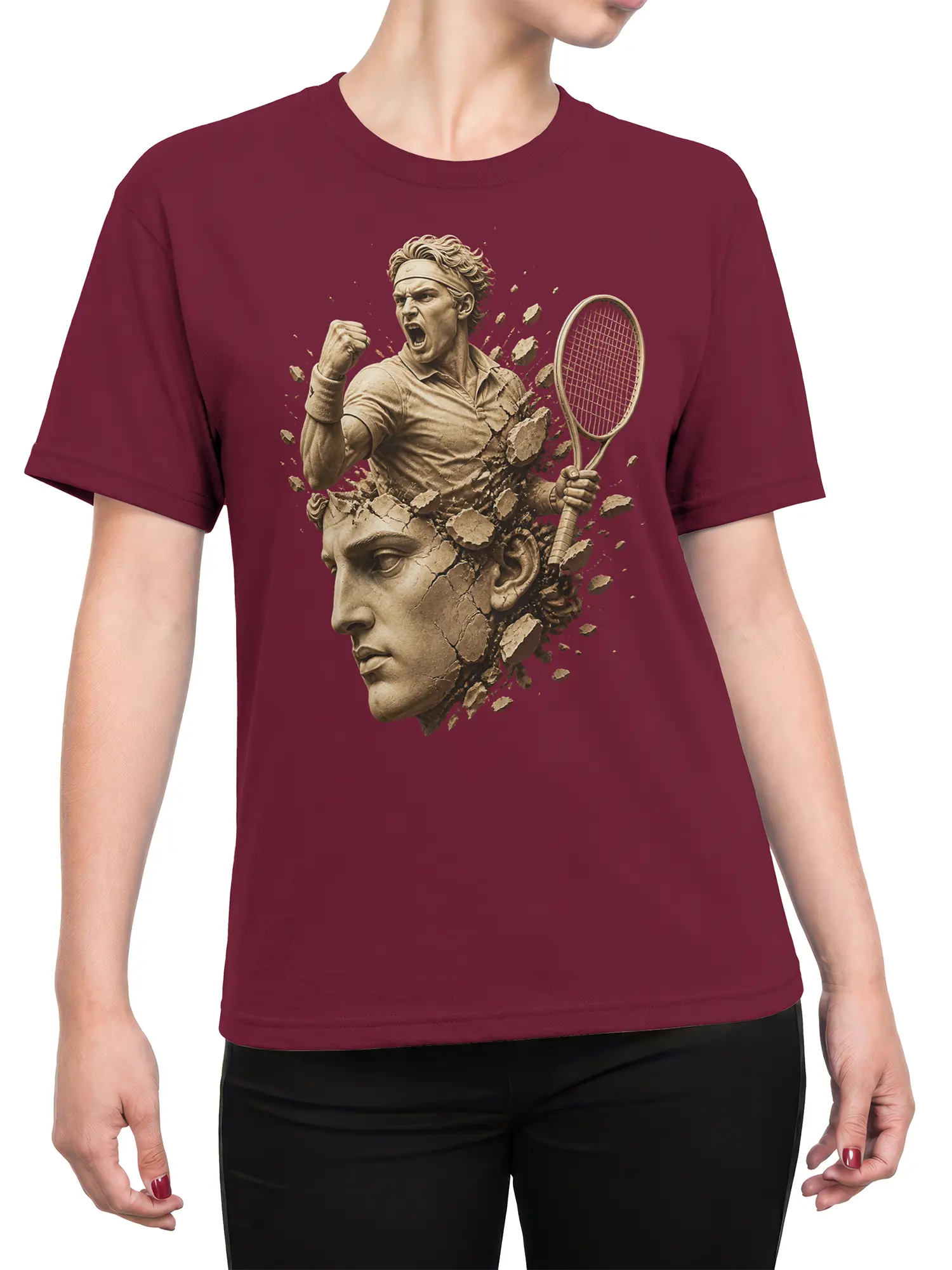 Female torso wearing a burgundy tennis T-shirt with a player breaking through a classical stone bust