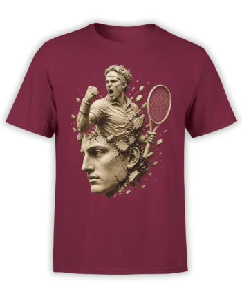 Intense tennis player breaking through a classical stone bust on a burgundy tennis T-shirt