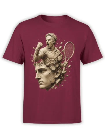 Intense tennis player breaking through a classical stone bust on a burgundy tennis T-shirt
