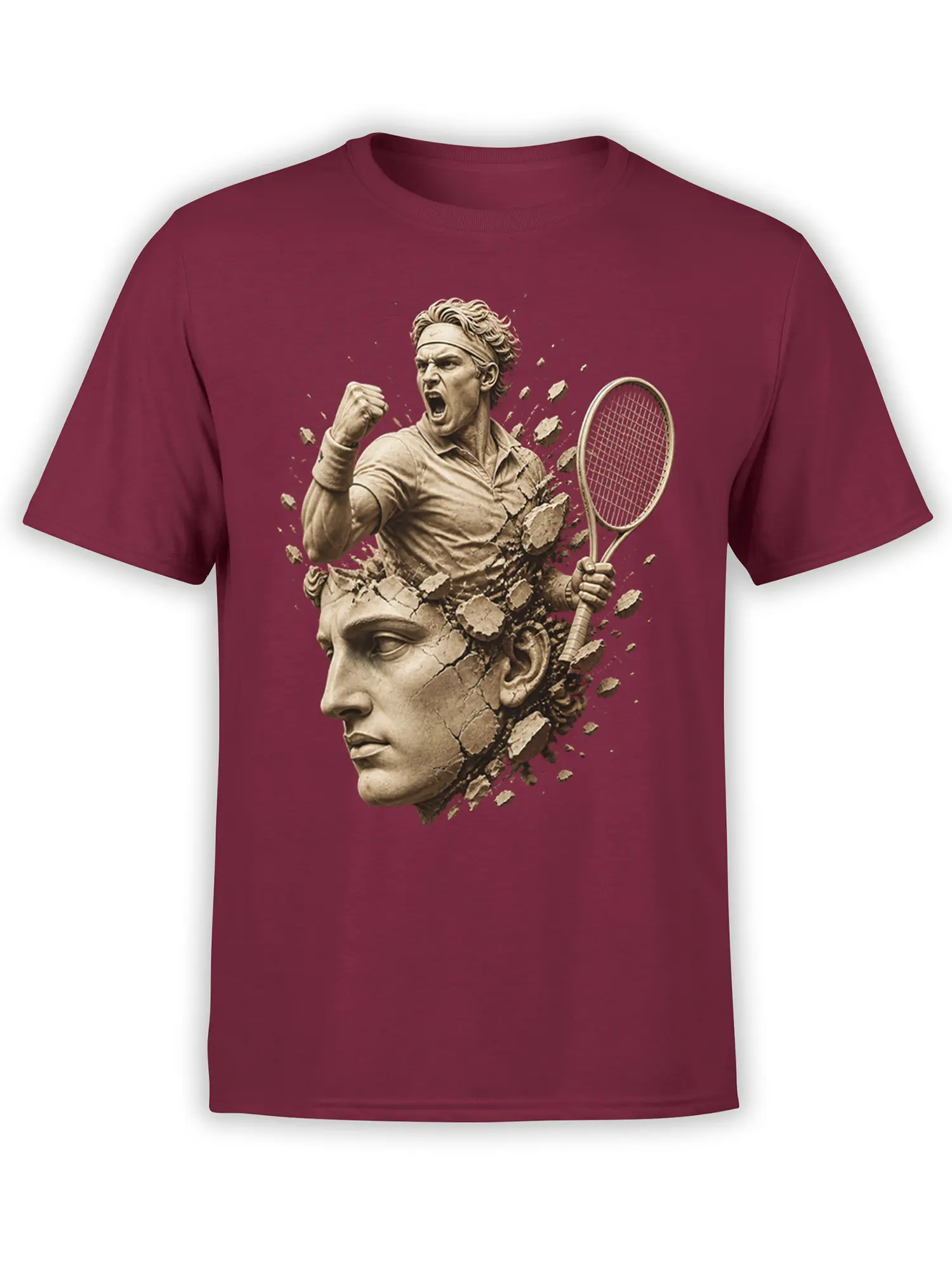 Intense tennis player breaking through a classical stone bust on a burgundy tennis T-shirt
