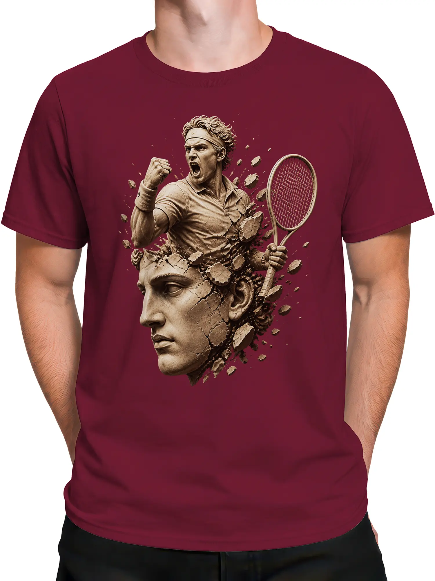 Male torso wearing a burgundy tennis T-shirt with an intense player and cracked statue design