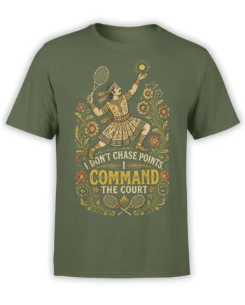 vintage tennis player holding a racket and ball on a green shirt with floral artwork and Command the Court text