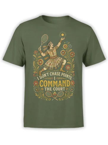 vintage tennis player holding a racket and ball on a green shirt with floral artwork and Command the Court text
