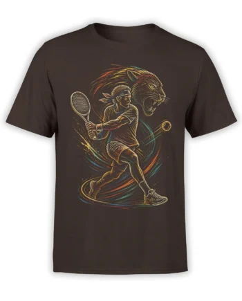 Dark brown tennis T-shirt with a vintage player, racket, colorful motion lines, and a large panther