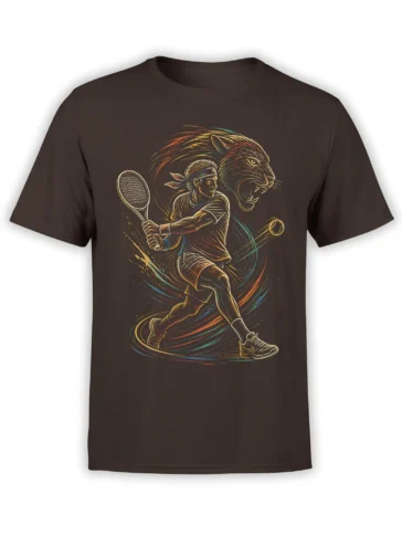 Dark brown tennis T-shirt with a vintage player, racket, colorful motion lines, and a large panther