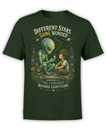 Green alien T-shirt with a young person, glowing star, flowers, planets, and the message “Different Stars, Same Wonder”
