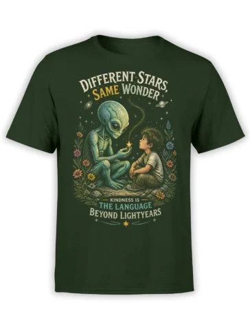 Green alien T-shirt with a young person, glowing star, flowers, planets, and the message “Different Stars, Same Wonder”