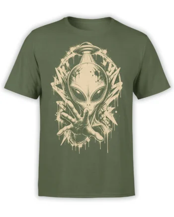 Wide-eyed alien reaching forward beneath a flying saucer on a green T-shirt with distressed cream artwork