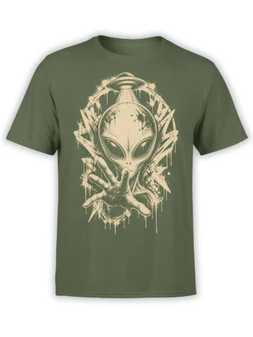 Wide-eyed alien reaching forward beneath a flying saucer on a green T-shirt with distressed cream artwork