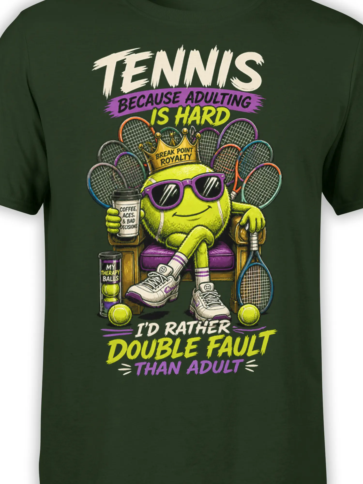 Close-up of crowned tennis ball, sunglasses, coffee cup, rackets, and double fault artwork on dark green fabric