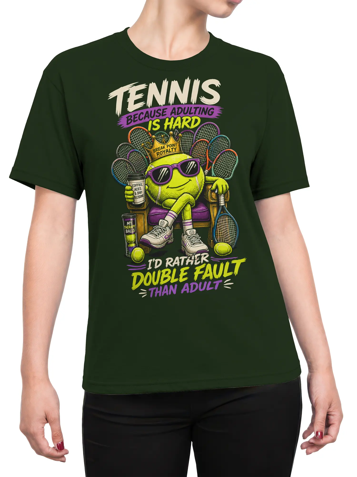Female torso wearing a dark green tennis T-shirt with a crowned tennis ball and double fault graphic