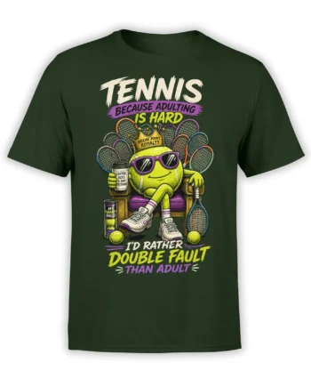 Crowned lime green tennis ball tennis design with rackets and adulting humor on a dark green T-shirt