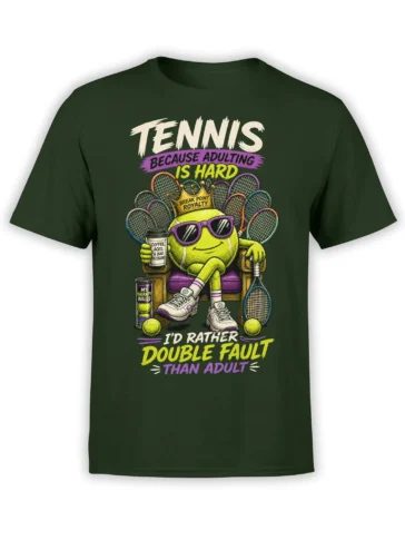 Crowned lime green tennis ball tennis design with rackets and adulting humor on a dark green T-shirt