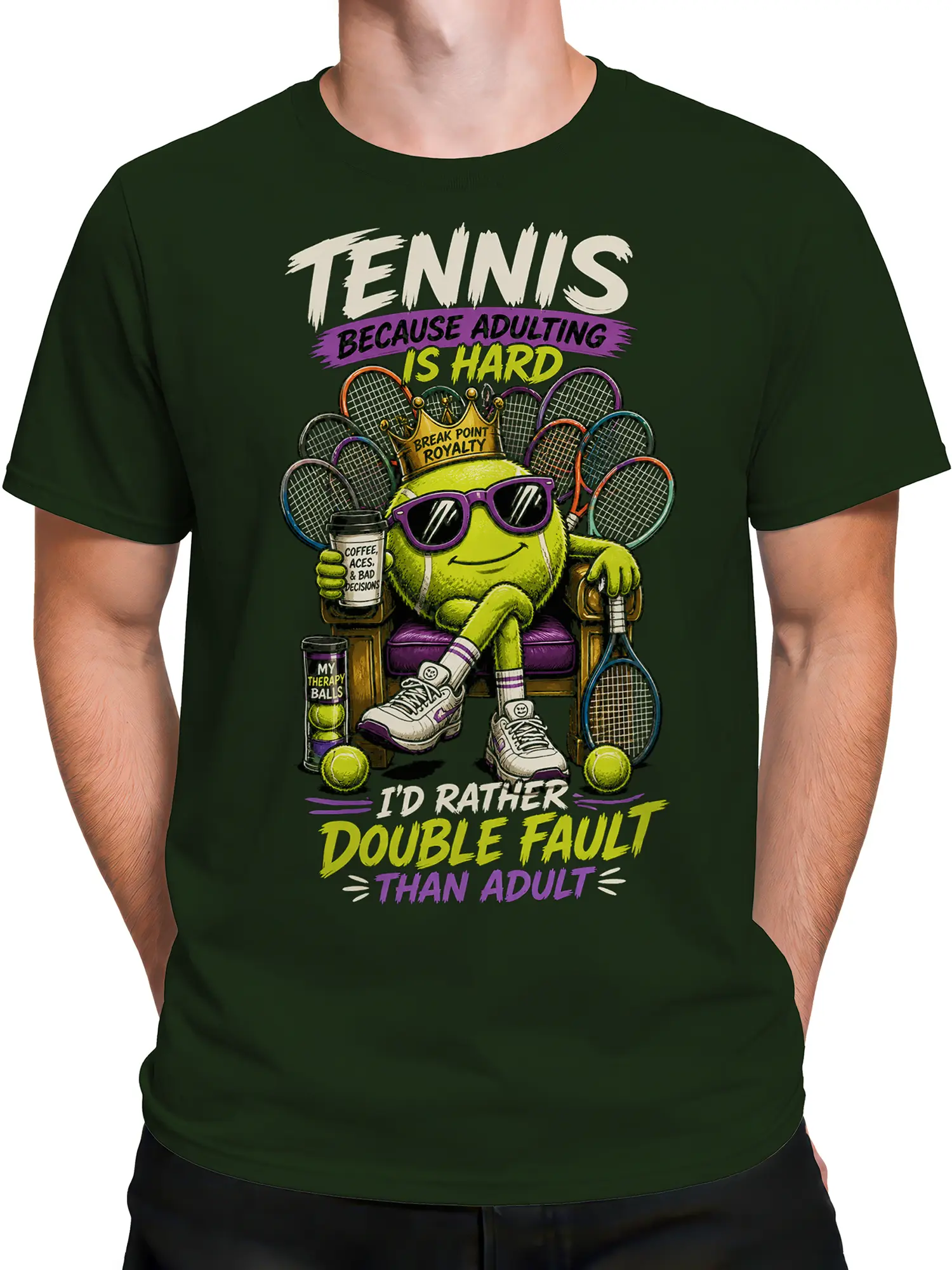 Male torso wearing a dark green tennis T-shirt with a crowned tennis ball and sports humor graphic