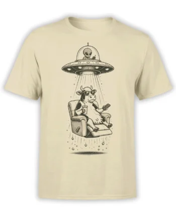 Beige T-shirt with a vintage alien abduction design showing a cow in sunglasses relaxing in an armchair