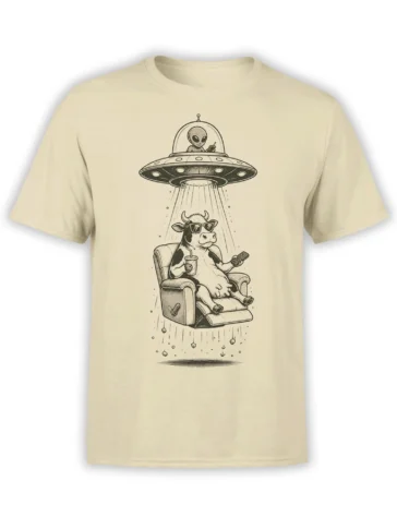 Beige T-shirt with a vintage alien abduction design showing a cow in sunglasses relaxing in an armchair