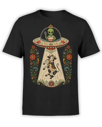 Black alien t-shirt with a green extraterrestrial cooking above a floral cow in a flying saucer beam