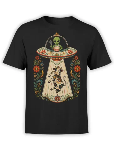 Black alien t-shirt with a green extraterrestrial cooking above a floral cow in a flying saucer beam