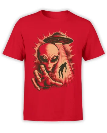 Vintage comic alien reaching from a flying saucer beam on a red T-shirt