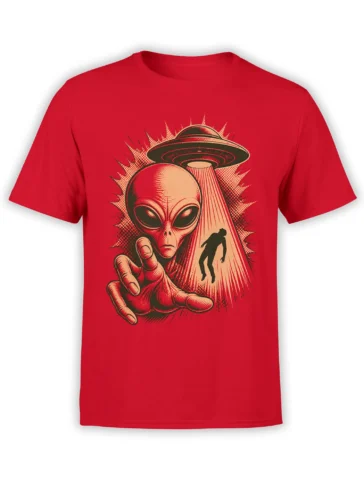 Vintage comic alien reaching from a flying saucer beam on a red T-shirt