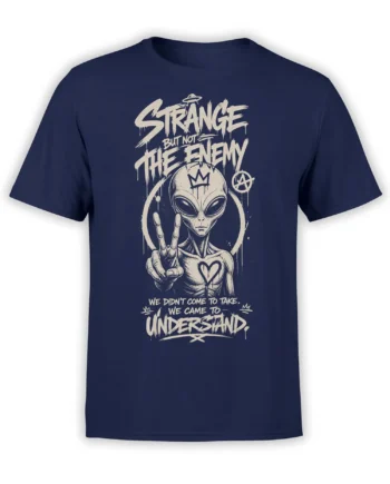 Strange alien graphic with UFO, peace sign, and cream lettering on a navy T-shirt