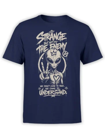 Strange alien graphic with UFO, peace sign, and cream lettering on a navy T-shirt