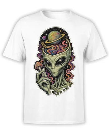 White T-shirt with a green alien, ringed planet, colorful stars, cosmic swirls, and mushroom artwork
